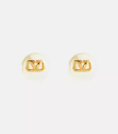 V Logo Faux Pearl Stud Earrings in White - Valentino | Mytheresa