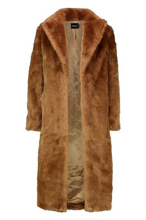 Luxe Faux Fur Longline Coat | Boohoo camel