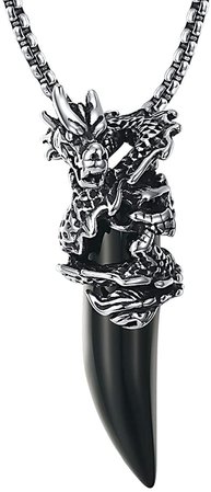 2ndLink Titanium Dragon Black Wolf Tooth Tribal Biker Mens Necklace Pendant, 22.5" Rolo Curb Chain | Amazon.com