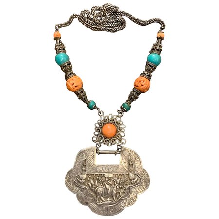 Large Mongolian Silver, Coral, Turquoise Lock Charm Necklace, Early 20th Century For Sale at 1stDibs