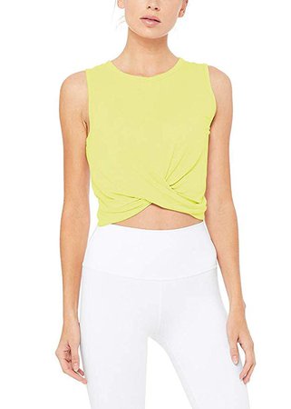 Mippo Womens Cropped Workout Tank Top Yoga T-Shirts Exercise Sports Gym Shirts Tops Sleeveless Knot Front Tank Tops for Women Yellow XL at Amazon Women’s Clothing store