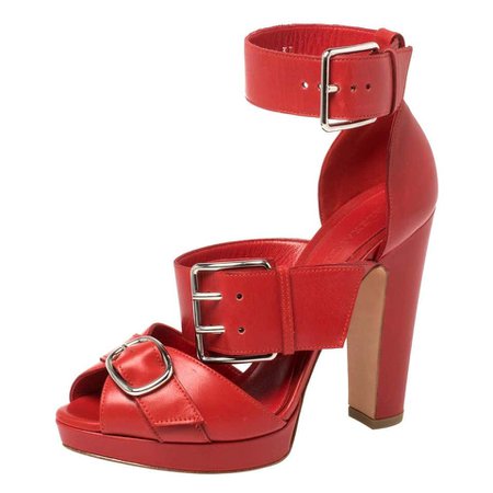 Alexander McQueen Red Leather Buckle Strappy Platform Sandals Size 37.5 For Sale at 1stDibs
