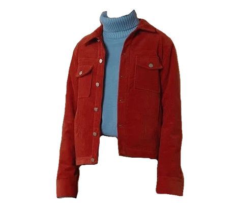 Red denim jacket with light blue sweater