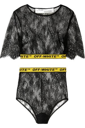 Off-White | Cropped canvas jacquard-trimmed lace top and briefs set | NET-A-PORTER.COM