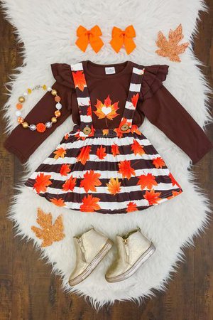 Fall Leaf Suspender Skirt Set - Sparkle In Pink