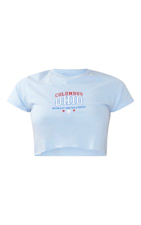 Baby Blue Columbus Print Babydoll Crop T Shirt | PrettyLittleThing USA