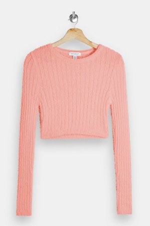 Pink Fluffy Ribbed Cropped Knitted Jumper | Topshop