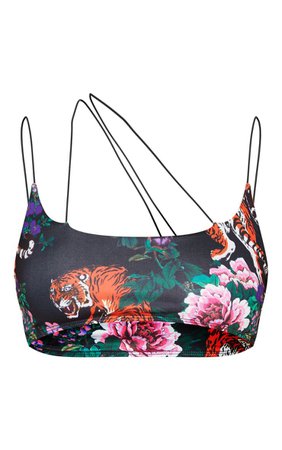 Black Tiger Oriental Elastic Strap Bikini Top | PrettyLittleThing USA