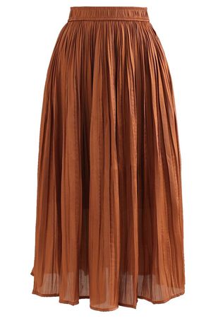 Glimmer Pleated Elastic Waist Midi Skirt in Caramel - Retro, Indie and Unique Fashion