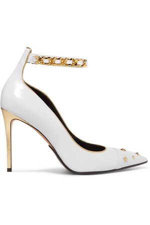 BALMAIN EXCLUSIVE Embellished metallic-trimmed leather pumps