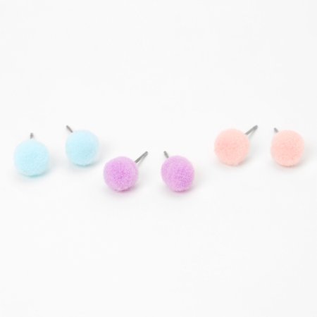 Pastel Pom Pom Stud Earrings - 3 Pack | Claire's US
