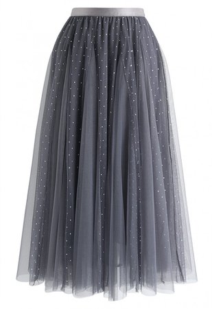 Sequined Double-Layered Mesh Tulle Midi Skirt in Grey - NEW ARRIVALS - Retro, Indie and Unique Fashion