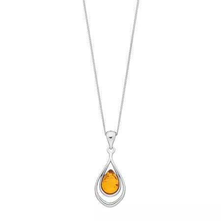 Sterling Silver Amber Double Teardrop Pendant Necklace
