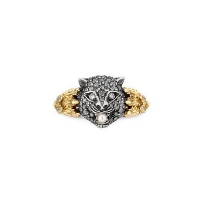 18k Yellow Gold Le Marché Des Merveilles Ring White & Grey Diamonds Feline Head | GUCCI® International