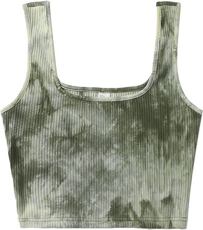 SheIn Women's Square Neck Tie Dye Crop Top Sleeveless Ribbed Knit Tank Top Army Green Large at Amazon Women’s Clothing store