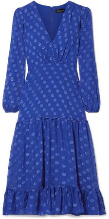 Devin Ruffle-trimmed Tiered Silk-satin Jacquard Midi Dress - Cobalt blue