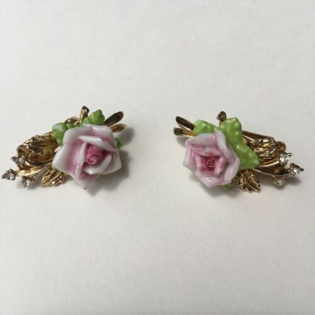 1950s Vintage Coro Pink Porcelain Rose Flower Rhinestone Clip Earrings | eBay