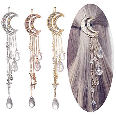 Amazon.com: Romantic Crescent Moon Star Crystal Dangle Hairpin Rhinestone Beads Hair Clips Bridal Jewelry Tassel Drop Hair Pins Bobby Pins For Women Girls Hair Accessories (Rose Gold): Beauty