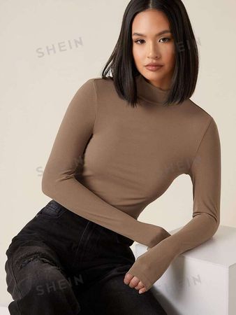 SHEIN BASICS High Neck Solid Fitted Tee | SHEIN