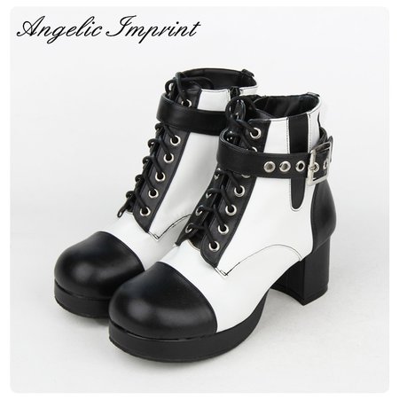 Classic Black and White Leather Lolita Cosplay Ankle Boots Square Heel Lace Up Punk Boots|martin boots|ankle bootsboots square heel - AliExpress