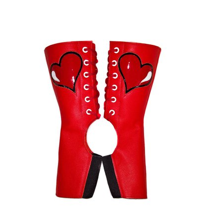Isabella Mars "Queen of Hearts" RED Aerial boots Leather with Patent Heart applique Trapeze gaiters for circus