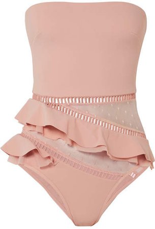 Bayou Ruffled Bandeau Swimsuit - Pastel pink