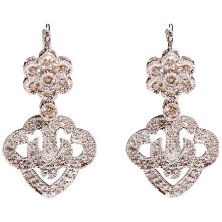 14 Karat White Gold 0.50 Carat Diamond Pave Floral Drop Clip-On Dangle Earrings For Sale at 1stDibs