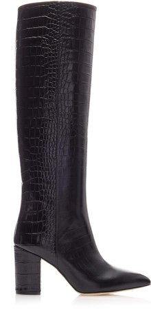 Croc-Embossed High Heeled Leather Boots Size: 35