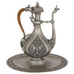 Jules Brateau Tableware - Finely Engraved Antique Ewer Basin J. Brateau French Islamic Pewter
