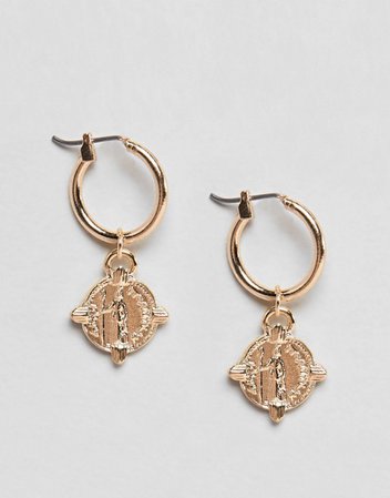 ASOS DESIGN | ASOS DESIGN hoop earrings with coin in gold tone
