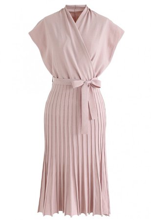 Pleated Sleeveless Wrapped Knit Dress in Pink - NEW ARRIVALS - Retro, Indie and Unique Fashion