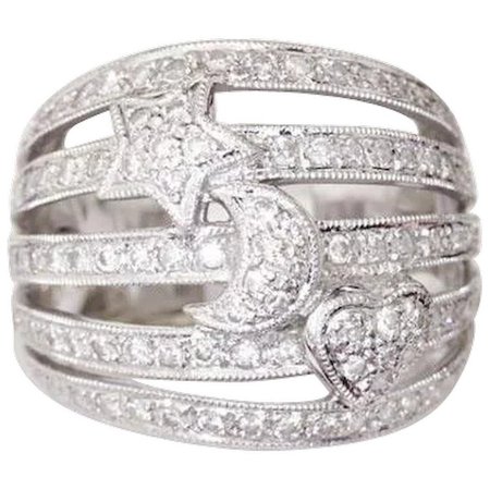 Celestial Star, Heart and Moon 18k White Gold Ring, VERY Big Statement : Vintage Times Sydney | Ruby Lane