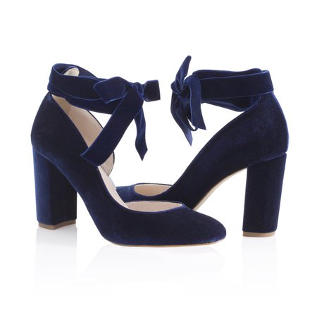 Block Heel Wedding Shoes - Hetty Midnight Blue Velvet Block Heel Bridal Shoes - Harriet Wilde Wedding Shoes