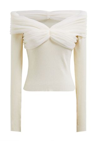 Off-Shoulder Mesh Spliced Knit Top in Cream - Retro, Indie and Unique Fashion