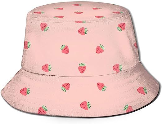 Pink Strawberry Background Unisex Bucket Hat Reversible Fisherman Hat Plant Printed Solid Color Outdoor Sun Hat Packable - at Amazon Women’s Clothing store