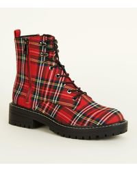 New Look Red Tartan Lace-up Hiker Boots in Red - Lyst