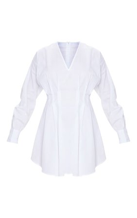 White Woven V Neck Pleated Waist Shirt Dress | PrettyLittleThing USA