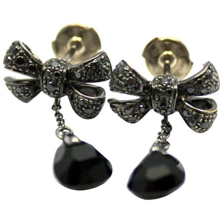 Pomellato Black Diamond Onyx Bow White Gold Drop Earrings For Sale at 1stDibs
