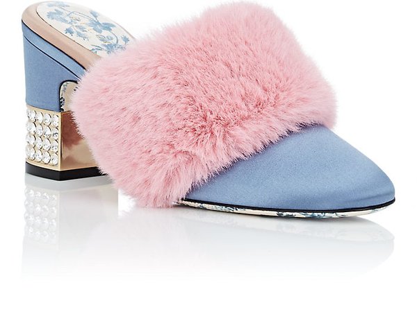 Gucci Faux-Fur-Trimmed Satin Mules | Barneys New York