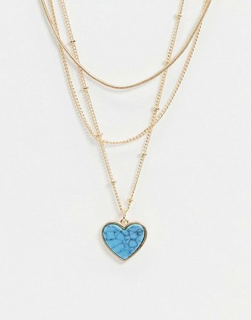 ASOS DESIGN multirow necklace with semi-precious turquoise heart in gold tone | ASOS