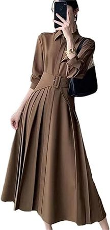 Women Long Sleeve Elegant Dress French Style Vintage Dress Slim Midi Solid Folds Notched Dress at Amazon Women’s Clothing store