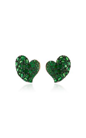 18k Gold Medium Wave Heart Earring In Green Tsavortie By Piranesi | Moda Operandi