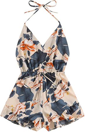 Amazon.com: SweatyRocks Women's Sexy Halter V Neck Backless Floral Print Short Romper Jumpsuit : Clothing, Shoes & Jewelry