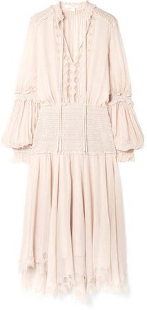 Smocked Lace-trimmed Silk-crepon Midi Dress - Pastel pink