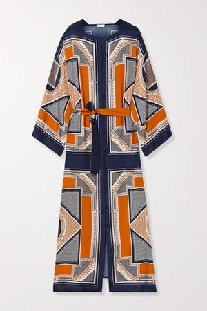 Belted Printed Crepe De Chine Maxi Dress - Navy