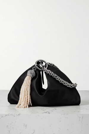 Callie Tassel-detailed Chain-embellished Satin Clutch - Black