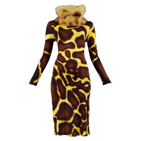 Vintage Versace Yellow Giraffe Print Dress with Fur Collar For Sale at 1stDibs
