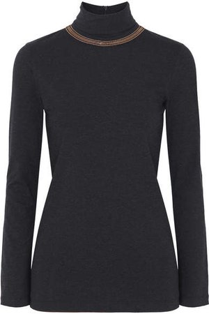 Bead-embellished Stretch-cotton Jersey Turtleneck Top - Gray