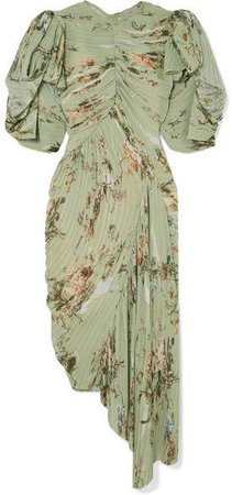 Draped Pleated Floral-print Georgette Dress - Green