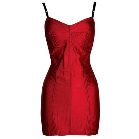 F/W 1991 Dolce and Gabbana Runway Red Satin Bustier Micro Mini Dress For Sale at 1stDibs